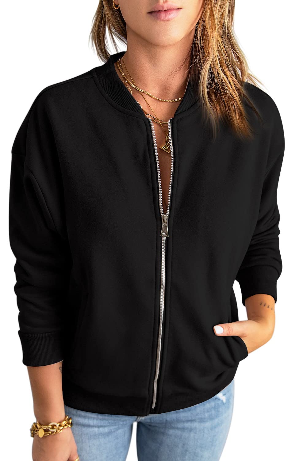 GeGekoko Zip Sweatshirt Damen übergrosse Jacket Sweatshirt Einfarbige Loose Langarm Tops Oberteile m