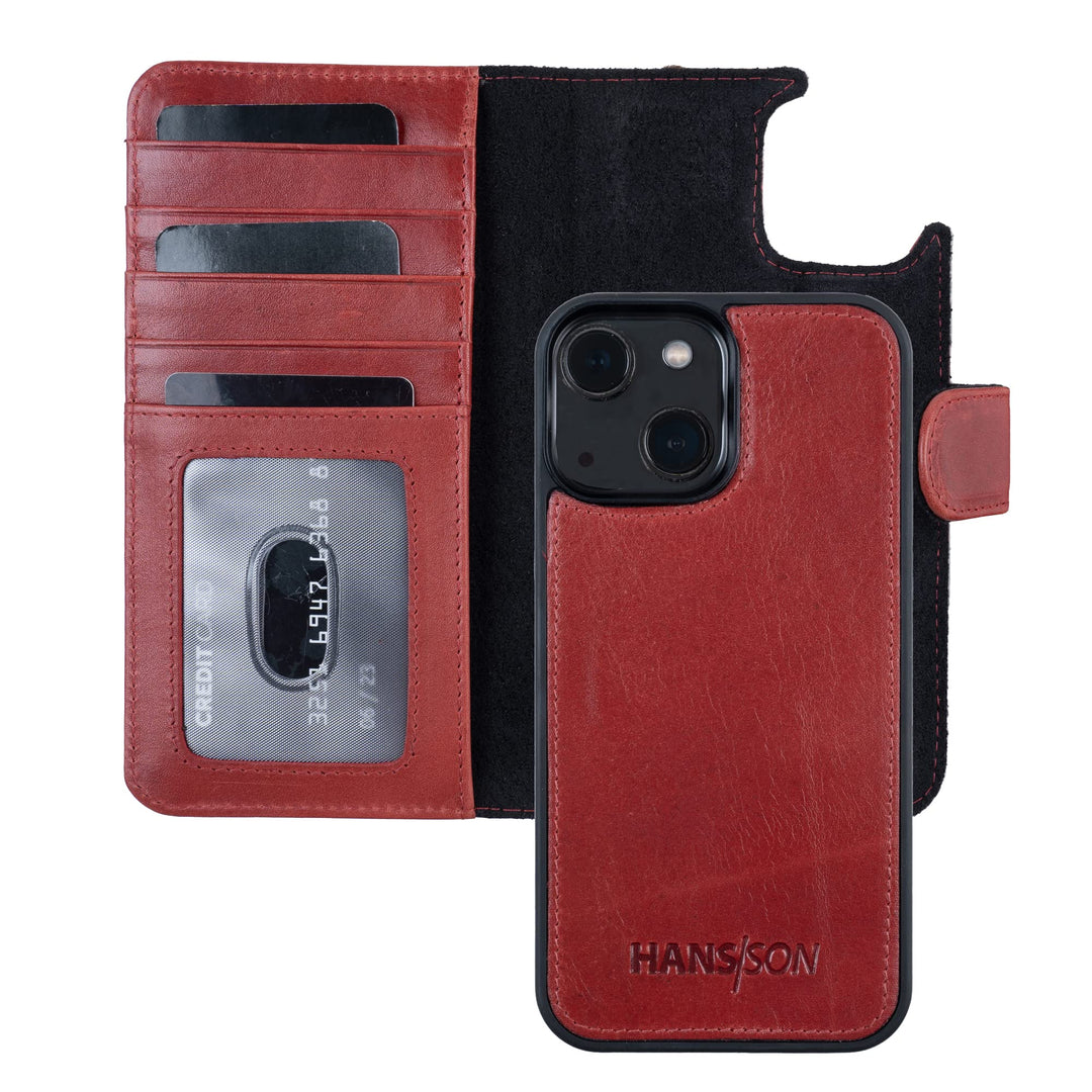 HANS/SON Hülle aus Echtleder kompatibel mit iPhone 13, Rot, Lederhülle mit Kartenfächern, abnehmbare