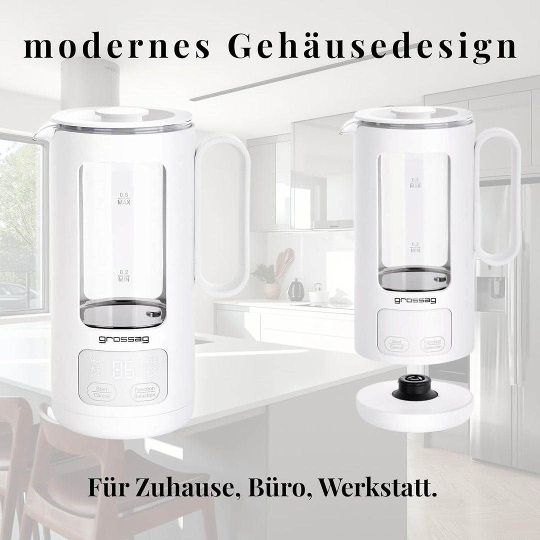 grossag Glas-Wasserkocher WK 8.00 mit Glas-Topf 0,5 Liter, BPA frei für Tee und Babynahrung White, W