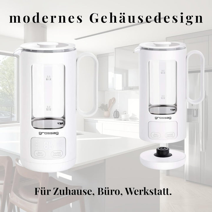 grossag Glas-Wasserkocher WK 8.00 mit Glas-Topf 0,5 Liter, BPA frei für Tee und Babynahrung White, W