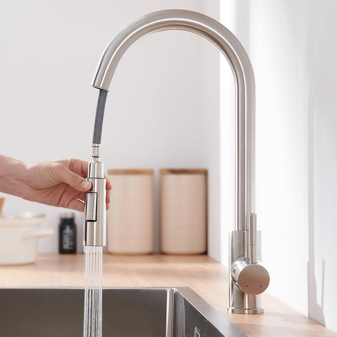 LONHEO Küchenarmatur mit Brause Ausziehbar, Hochdruck Wasserhahn Küche Edelstahl Mischbatterie Küche
