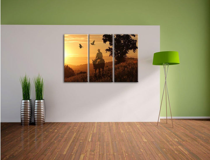 Pixxprint EIN Cowboy im Sonnenuntergang als Leinwandbild | Grösse: 3 Teilig (120x80) | Wandbild| Kun