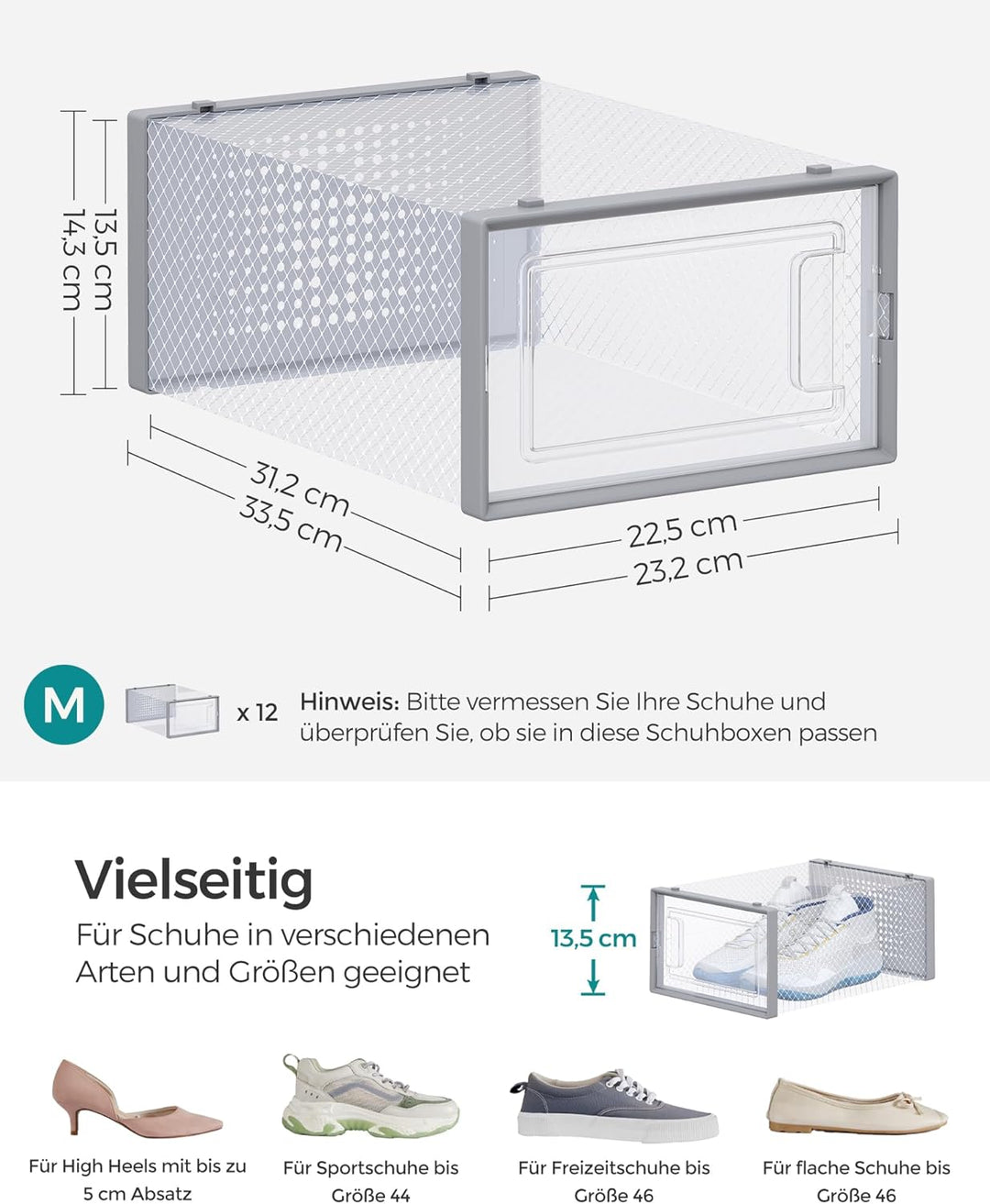 SONGMICS Schuhboxen, 18er Set Schuhkartons durchsichtig, faltbar und stapelbar, bis Grösse 44, trans