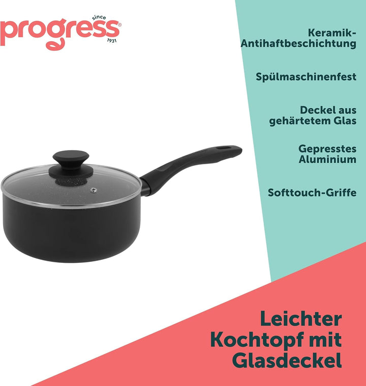 Progress Topf 16 cm, Kochtopf mit Deckel, mit Antihaftbeschichtung aus Metallmarmor-Keramik, leichte