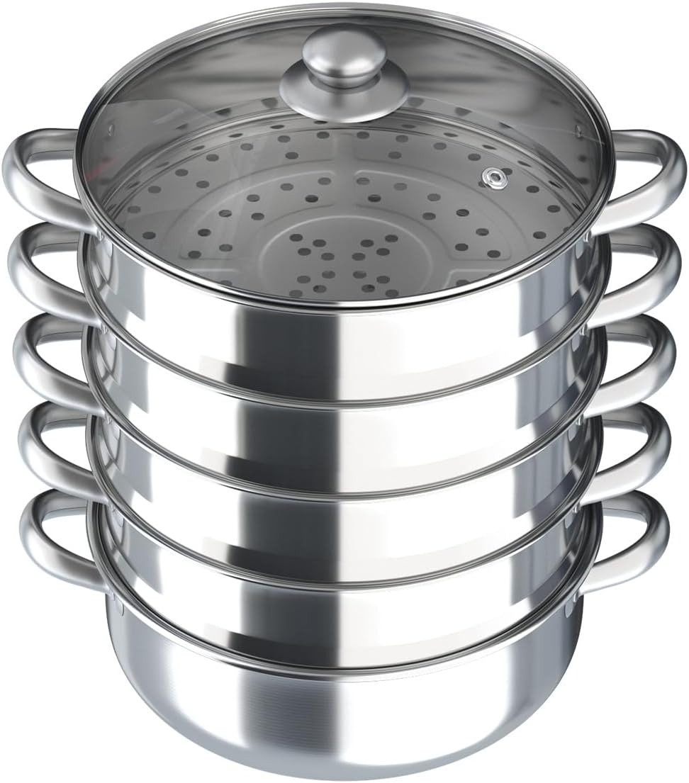 KOLHGNSE 5 Lagiger Edelstahl Dampfkocher Gardampftopf mit Glasdeckel Dampfgarer für Küche alle Herda