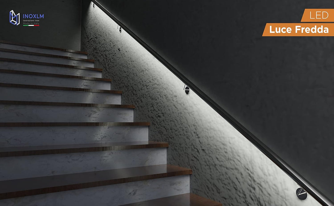 Treppenhandlauf aus Edelstahl mit naturweissen mehrfarbigen LEDs (80 cm, Handlauf mit LED Kaltlicht