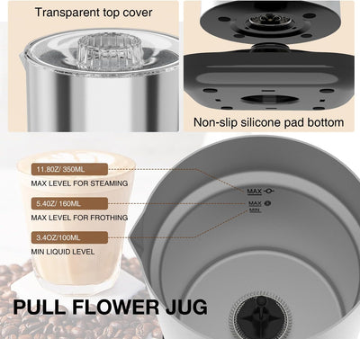 Milchaufschäumer Elektrisch 4-in-1 350 ml Milchschäumer für Heisser und Kalter Milchschaum, Warme Mi