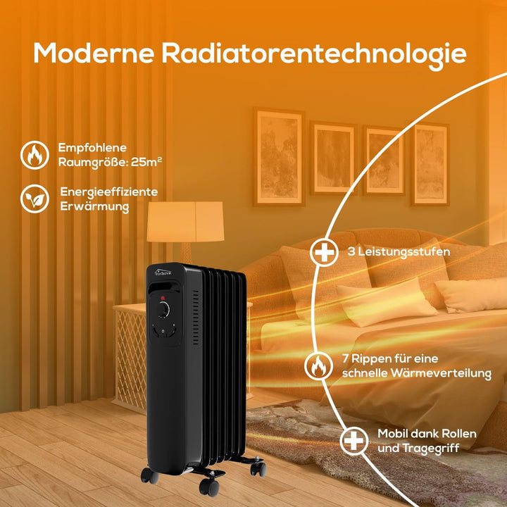 TroniTechnik® Ölradiator OR-207 7 Rippen 1500 W schwarz | 3 Heizstufen, Thermostat, Überhitzungsschu