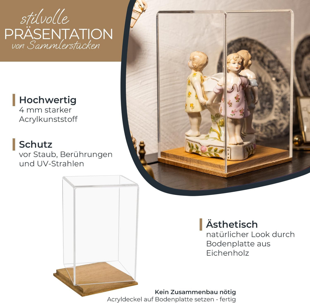 HMF 46881 Acryl Vitrine / Schaukasten mit Holzsockel für Figuren | 14 x 14 x 22 cm | Transparent 22