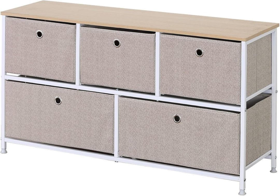 Rebecca Mobili Stoffkommode mit 5 Schubladen, niedrige Schubladen, weiss-beige, Metallrahmen, für Ba
