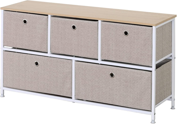 Rebecca Mobili Stoffkommode mit 5 Schubladen, niedrige Schubladen, weiss-beige, Metallrahmen, für Ba