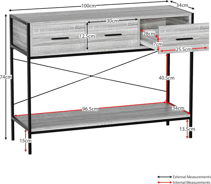 Vida Designs Brooklyn Konsolentische, Holzwerkstoff, Grau, 3 Drawer Grau 3 Drawer, Grau 3 Drawer