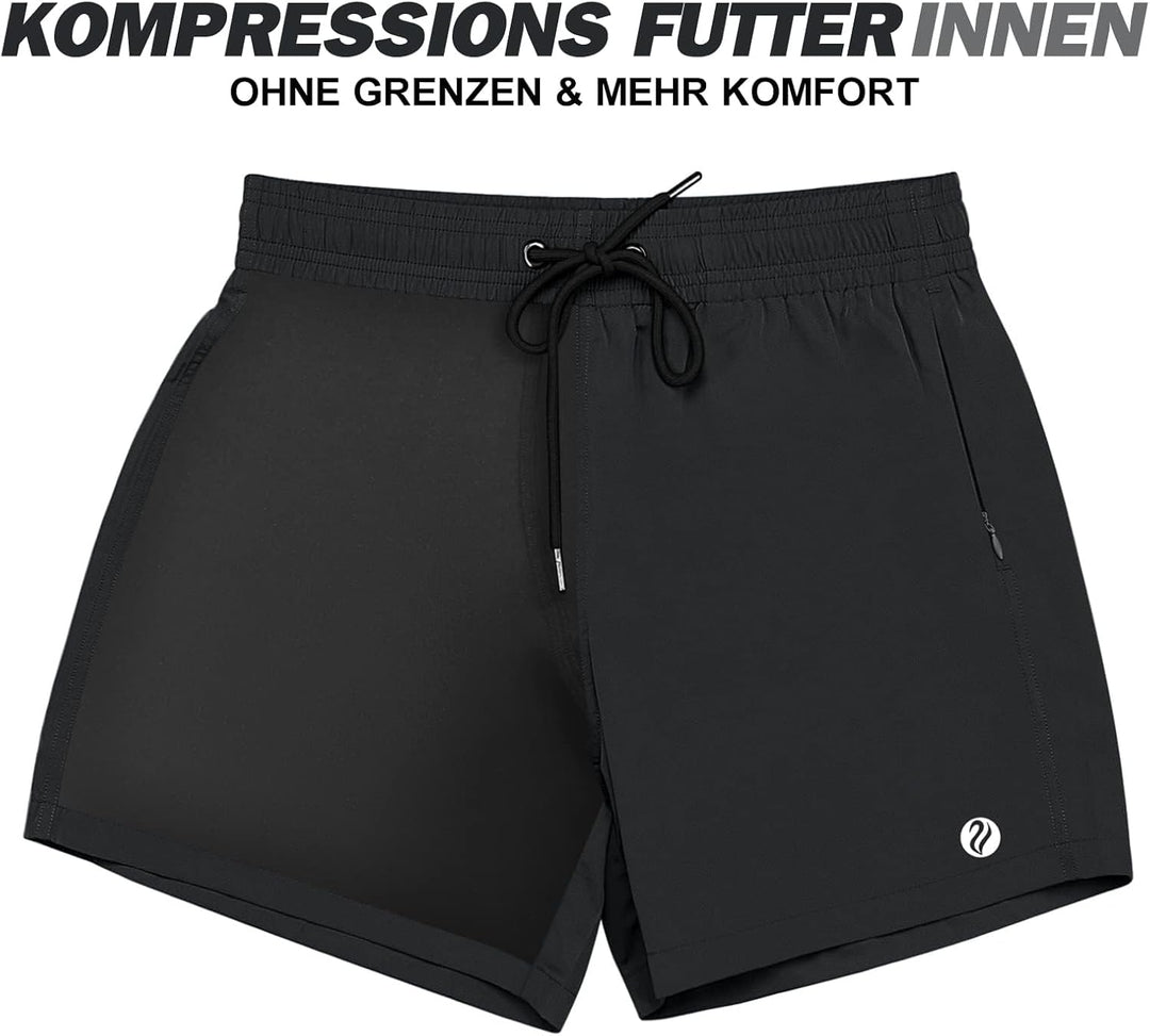 ineepor Badehose Herren mit Kompression Badehose mit innenhose Board Shorts 2 in 1 Reissverschlussta