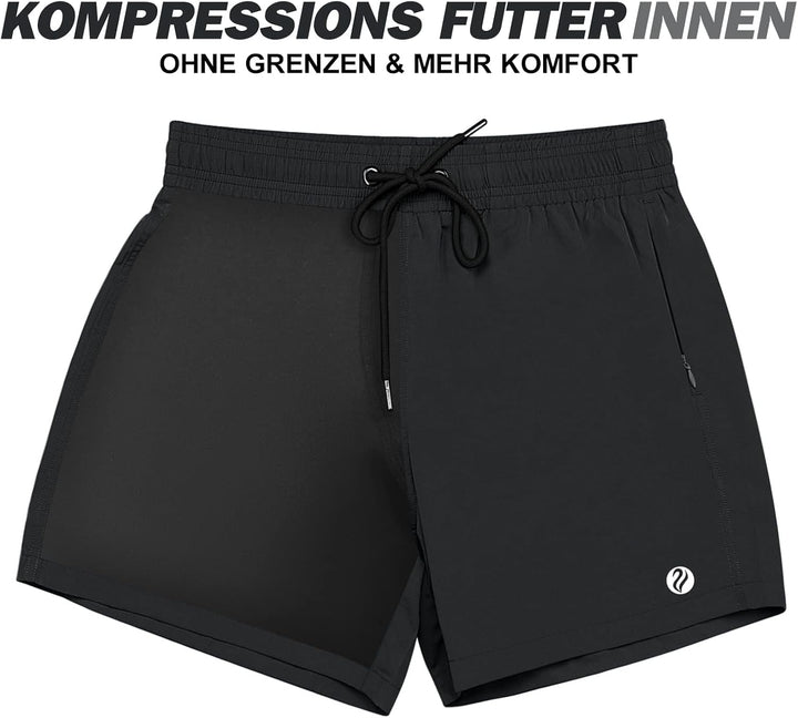 ineepor Badehose Herren mit Kompression Badehose mit innenhose Board Shorts 2 in 1 Reissverschlussta