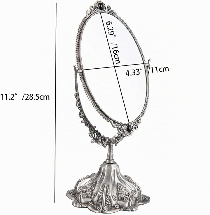 Feyarl Vintage-Schminkspiegel, oval, floraler Tischspiegel, doppelseitig, drehbar, mit Ständer, für