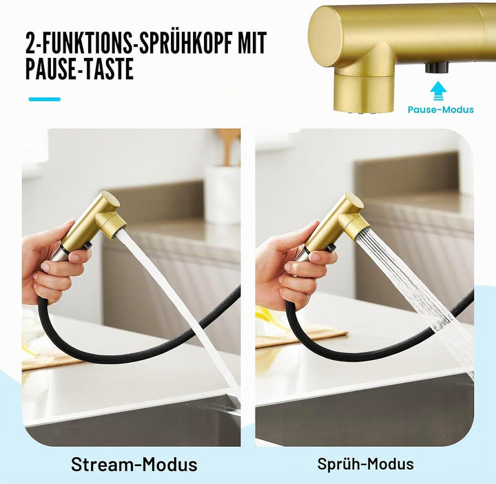 CREA Wasserhahn Küche mit 3 Funktionen Brause, Küchenarmatur mit Ausziehbarem Brause, 360° Drehbar M