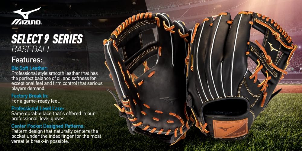 Mizuno Select 9 Baseballhandschuh Serie Rechte Hand Wurf 30,5 cm Schwarz/Braun Arched Tartan Web, Re