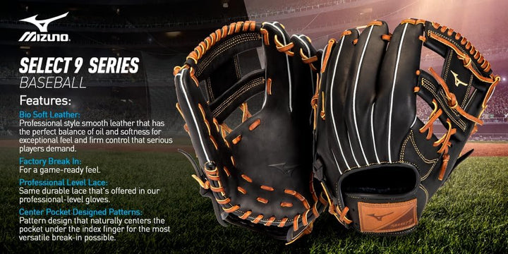 Mizuno Select 9 Baseballhandschuh Serie Rechte Hand Wurf 30,5 cm Schwarz/Braun Arched Tartan Web, Re