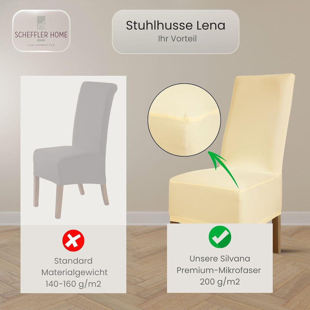 Scheffler Home Stuhlhussen 4er Set Creme Lena – Stretch Stuhlbezüge für Polsterstühle und Esszimmers