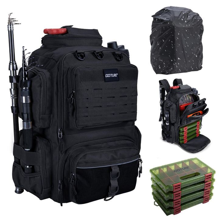 Goture Angelrucksack mit 4 Köderbox Angeln, 45-Liter Angelzubehör-Rucksack mit Zwei Rutenhaltern und