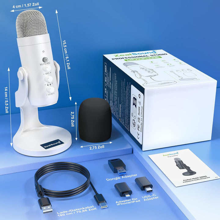zealsound K66 Wireless USB Mikrofon – Kabelloses Desktop-Kondensator-Mikrofon, Noise-Reduction, Nier
