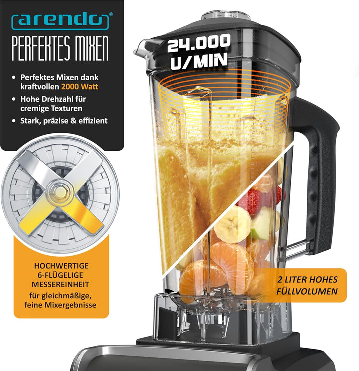 Arendo – Standmixer 2000 Watt - Hochleistungsmixer Edelstahl - 2 Liter Fassungsvermögen – mit Displa