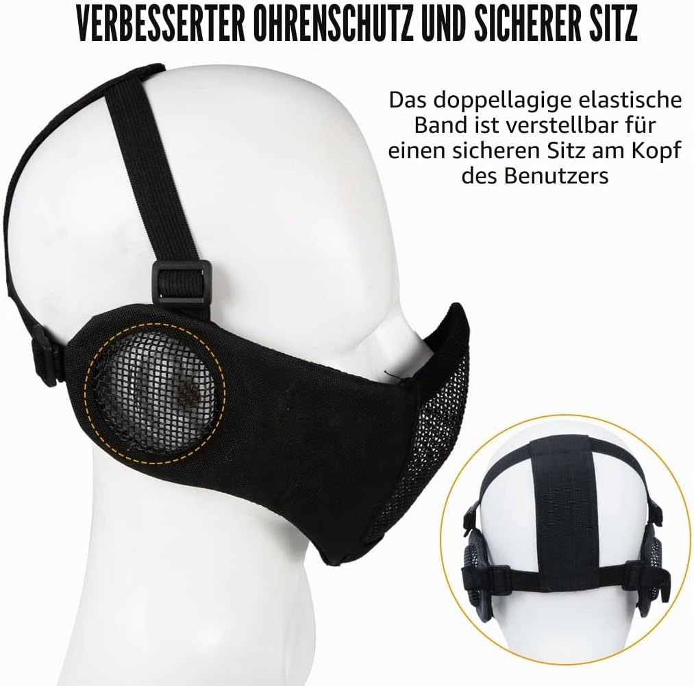 Hodeacc Airsoft-Maske und Brille, Halbgesichtsmaske aus Metallgeflecht, mit Ohrenschutz, Anti-UV-Air