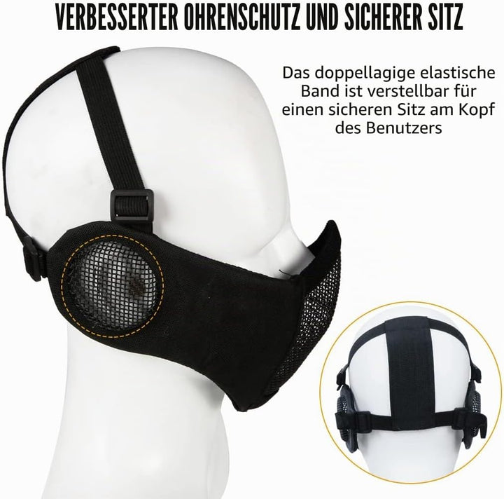 Hodeacc Airsoft-Maske und Brille, Halbgesichtsmaske aus Metallgeflecht, mit Ohrenschutz, Anti-UV-Air