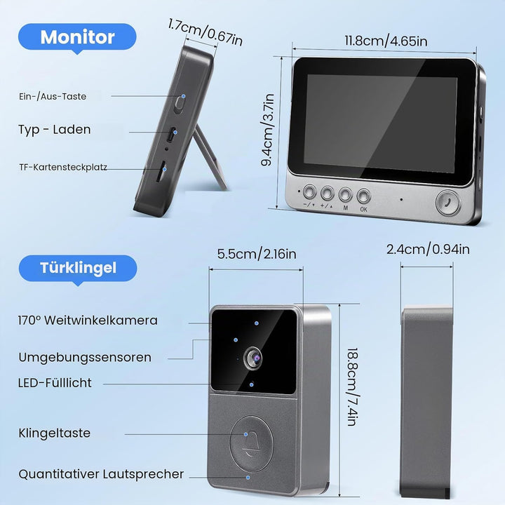 Türklingel mit Kamera und Monitor, 1080P HD, IP65 Wasserdicht, 4,3 Zoll Bildschirm, 170° Weitwinkel,