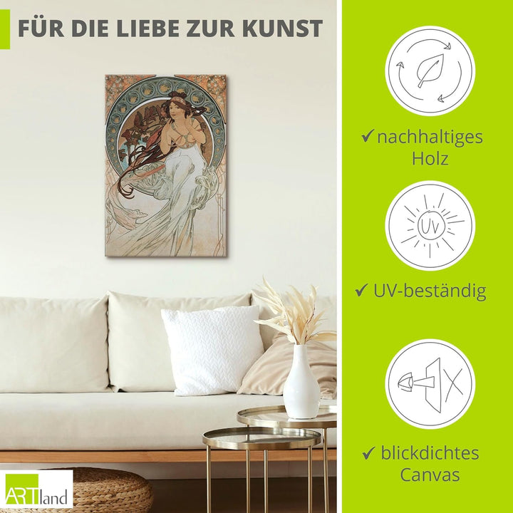 ARTland Leinwandbild Wandbild Bild auf Leinwand 40x60 cm Wanddeko Frau Kleid Ornamente Vier Künste D