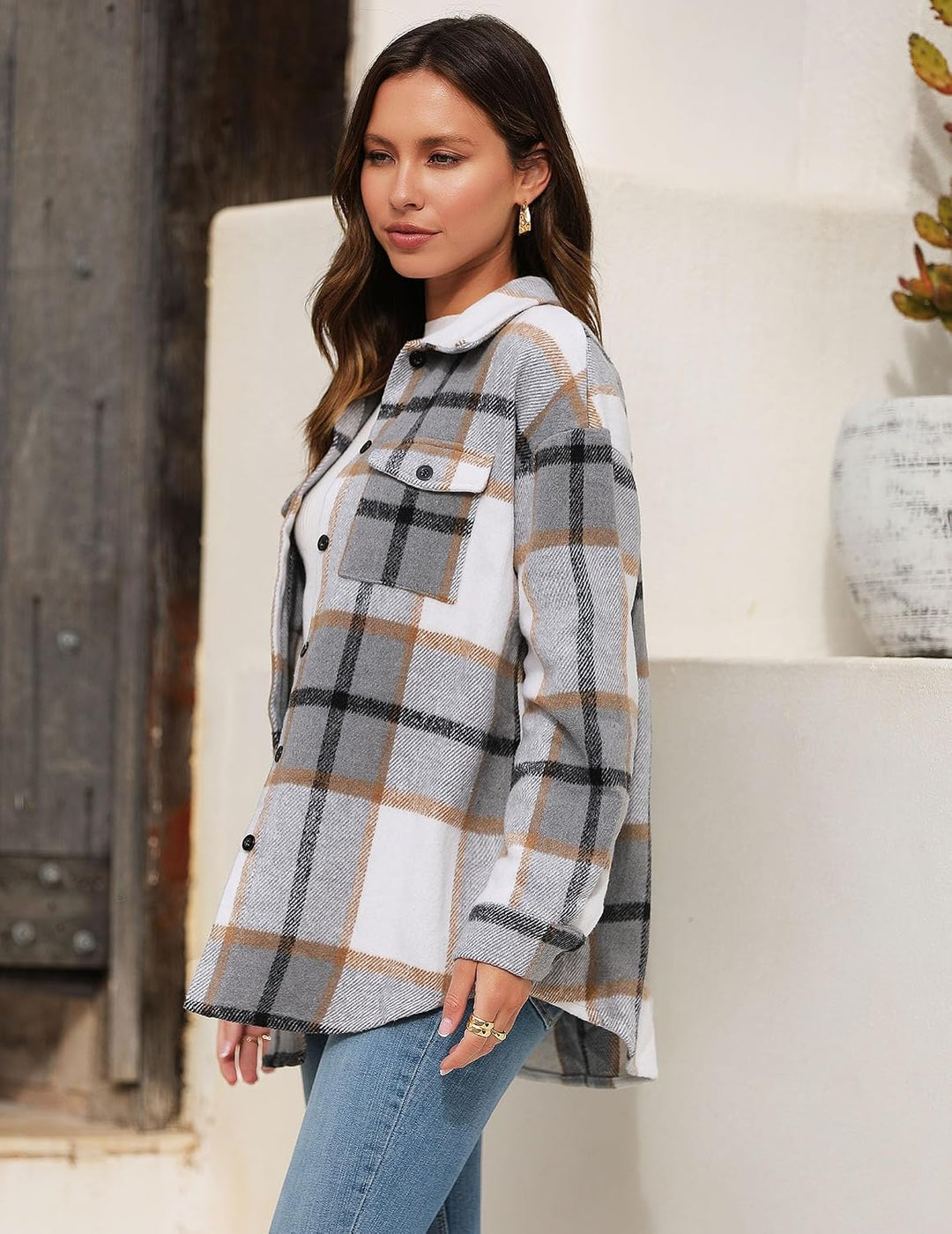 Zeagoo Damen Hemdjacke Karierte Jacke Langarm Shacket Mantel Flanell Jacke Hemdbluse mit Knöpfen Hel