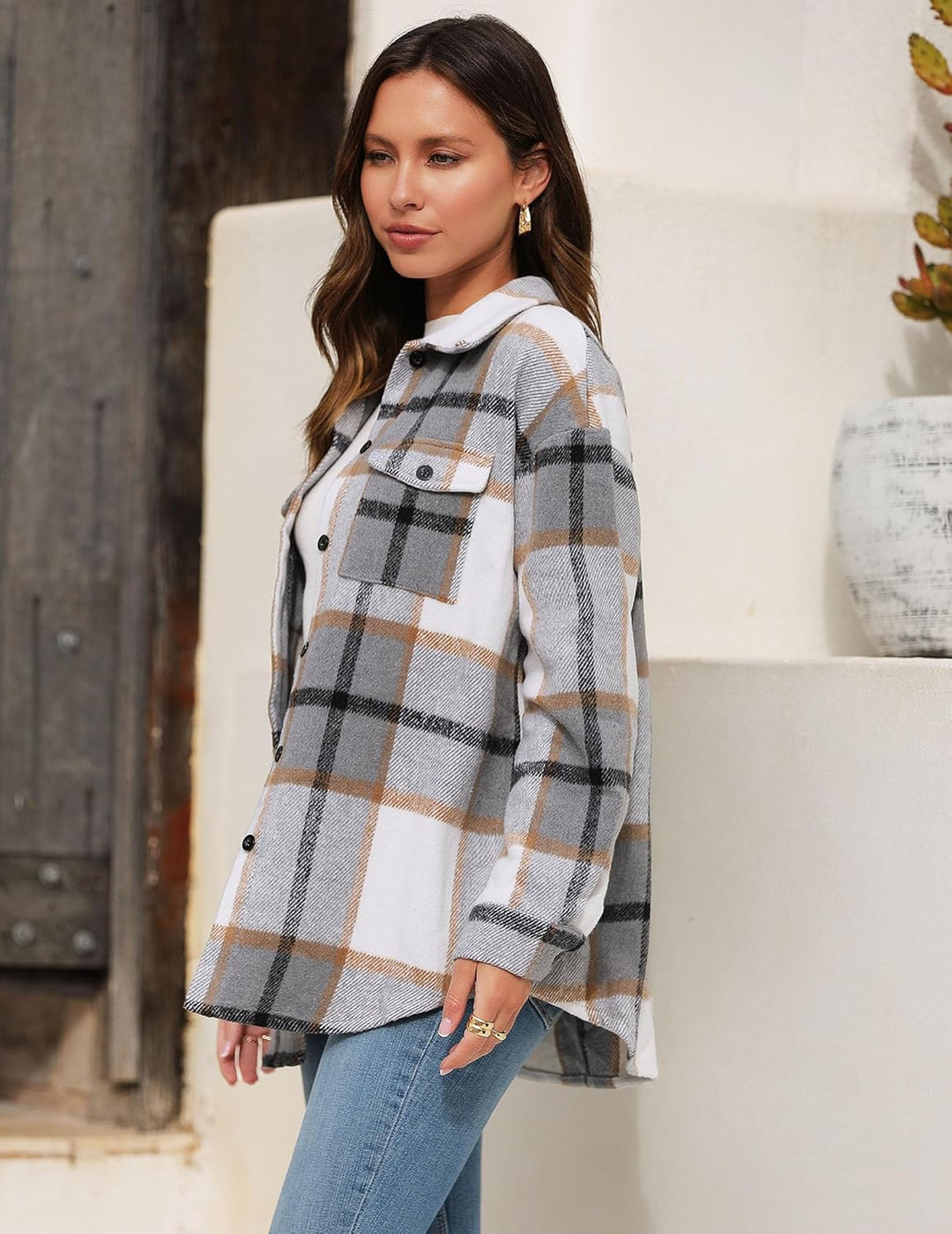 Zeagoo Damen Hemdjacke Karierte Jacke Langarm Shacket Mantel Flanell Jacke Hemdbluse mit Knöpfen Hel