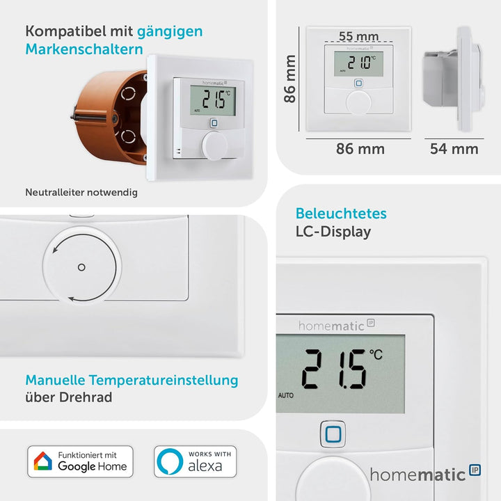 Homematic IP Smart Home Wandthermostat mit Schaltausgang HmIP-BWTH – für Markenschalter, 230 V für 2