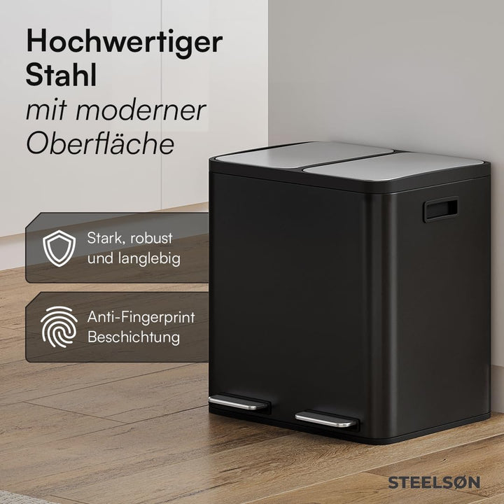 STEELSØN Epsilon Mülleimer 2 Fächer – Mülltrennsystem Küche 2x15L aus Edelstahl Schwarz – Tretmüllei