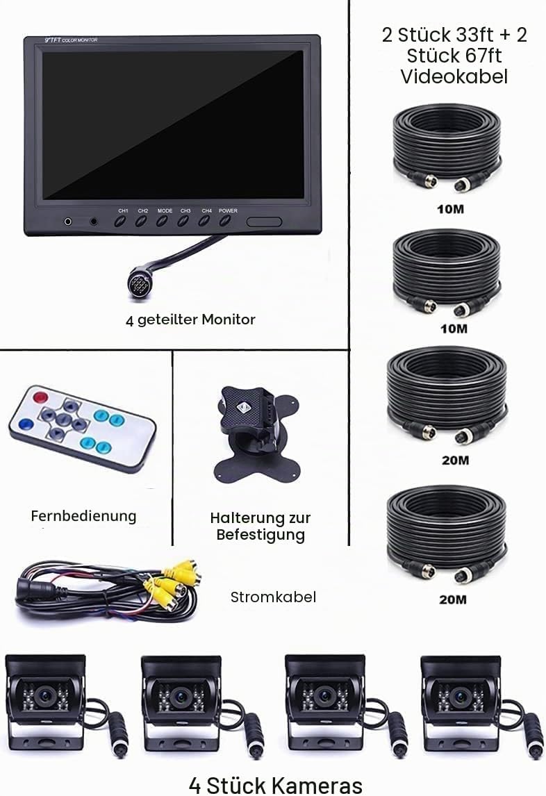 CAMECHO Fahrzeug Backup Kamera – 22,9 cm 4 Geteilte Monitor Vorderseite View, Kamera 18 IR-Nachtsich