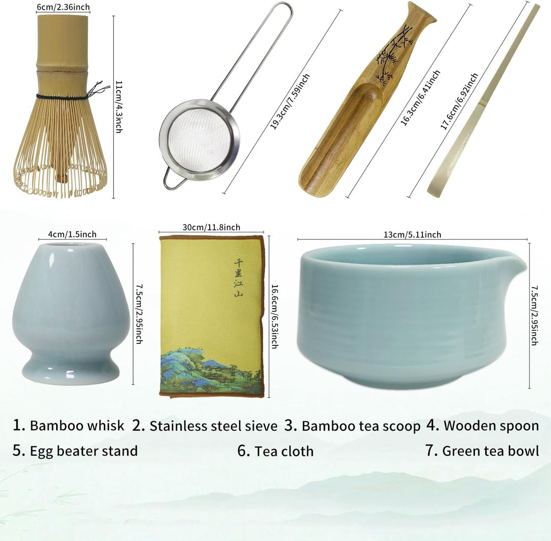 Matcha Tee Set – Matcha Besen Set mit Schneebesen, Besenhalter, Keramik Matcha-Schale, 2 Teelöffel –