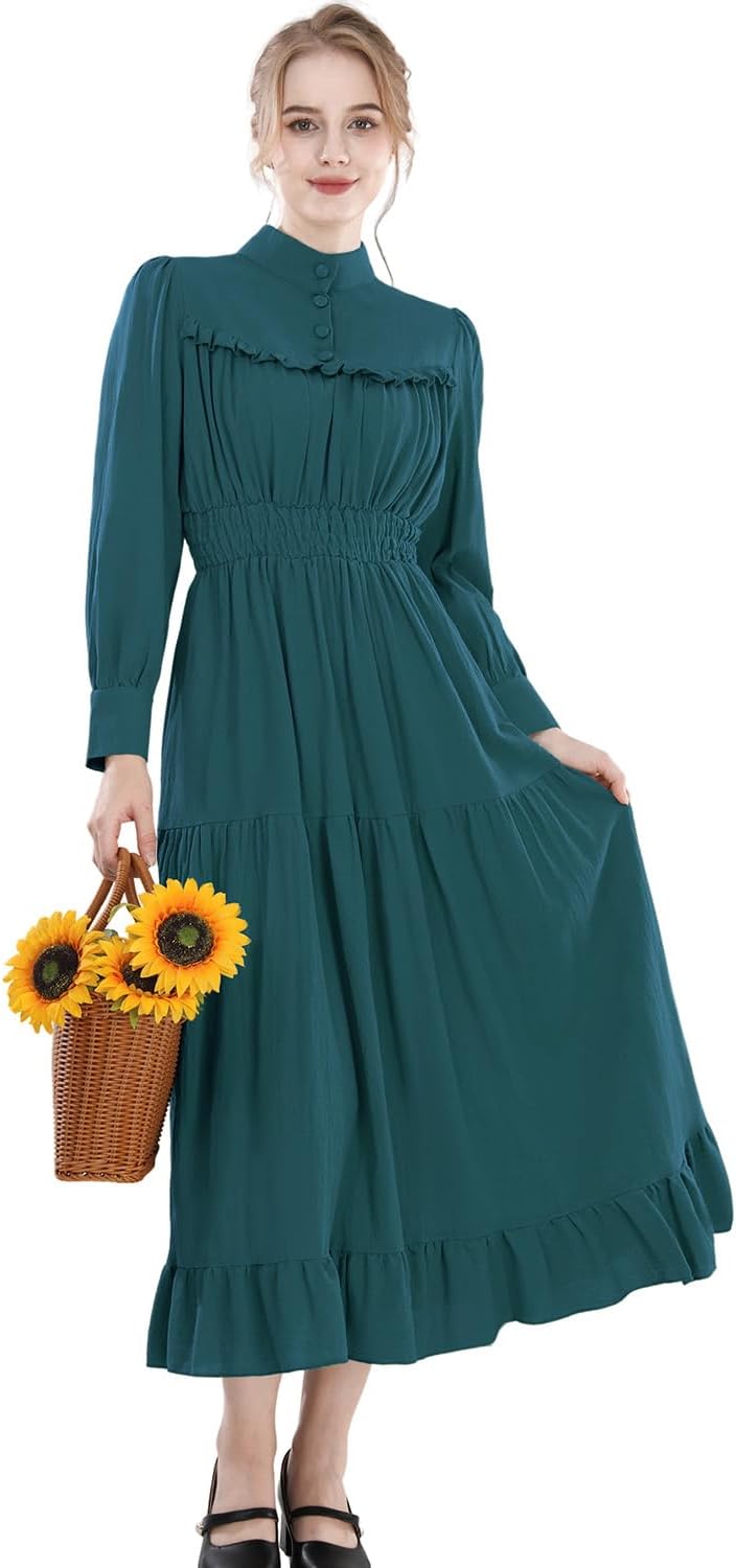 CR ROLECOS Mittelalter Kleidung Damen Viktorianisches Kleid Langarm A-Linie Vintage Edwardianisches