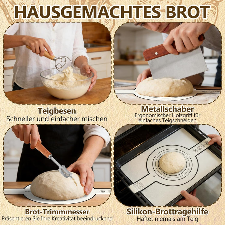 Gärkorb Brot Set Sauerteig Starter Set mit 2 faltbare Gärkörbchen Teigschaber Brot Sling und Teigrüh