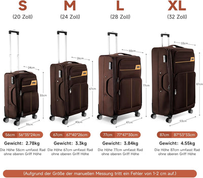 HOMELUX Kofferset 4 Teilig Kaffee Stoffkoffer Reisekoffer Leicht Koffer Trolley Rollkoffer Set-S-M-L