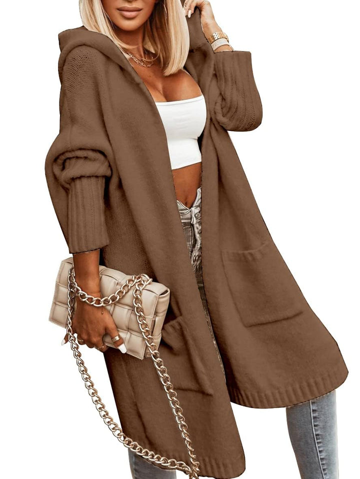 Tongmingyun Strickjacke Damen Lang Cardigan mit Kapuze Winter Grobstrickjacke Casual Lose Strickmant