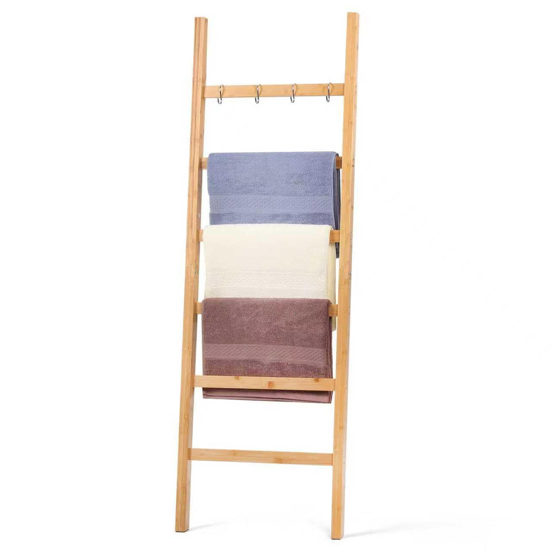 Handtuchleiter Bambus, Leiterregal mit 6 Sprossen und 4 Haken, Kleiderleiter Handtuchhalter Handtuch