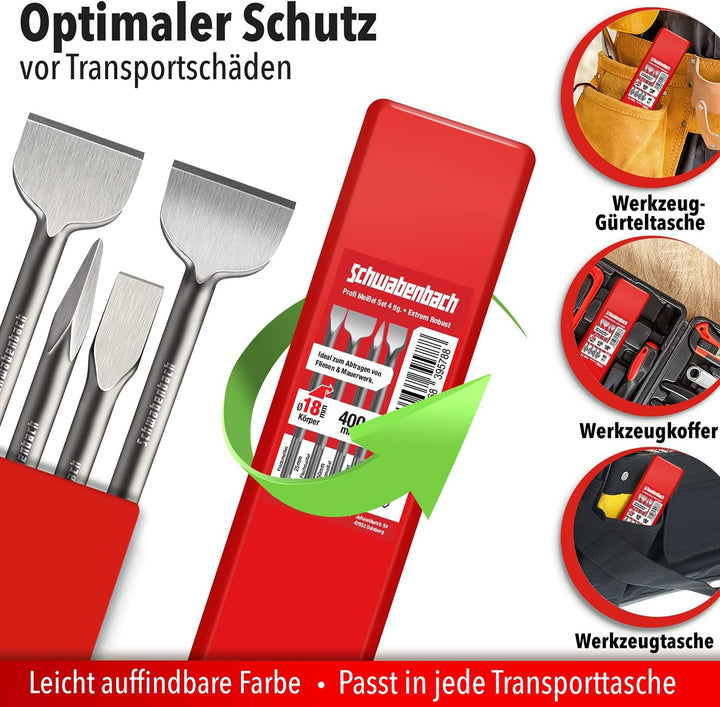 SCHWABENBACH ® SDS Max Meissel Set - 4tlg. 25mm + 50mm + 50mm (Abgewinkelt) + Spitzmeissel - EXTREM