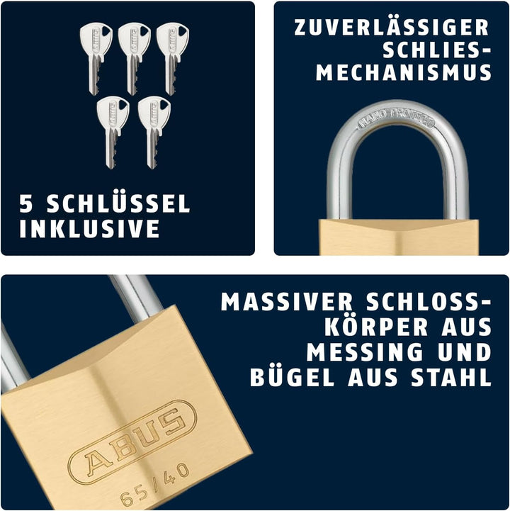ABUS Vorhängeschloss Messing 65/40 - 4er Set, gleichschliessend - Kellerschloss, Spindschloss u. v.