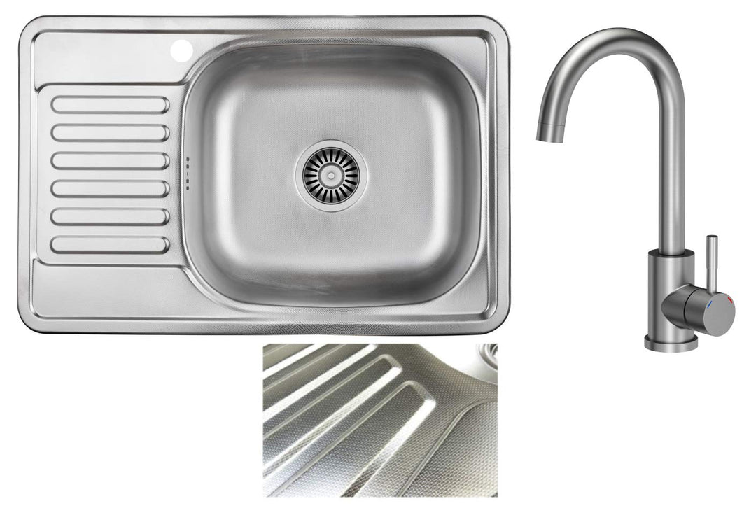 VBChome Einbauspüle mit Armatur 66x42 Leinenstruktur Edelstahl Küchenspüle Spüle Ablagefläche Abtrop