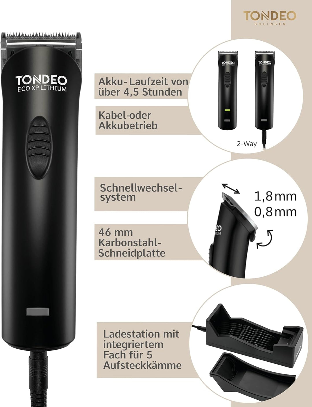 TONDEO Profi Haarschneidemaschine ECO XP LITHIUM BLACK | Haarschneider inklusive Ladestation und Auf
