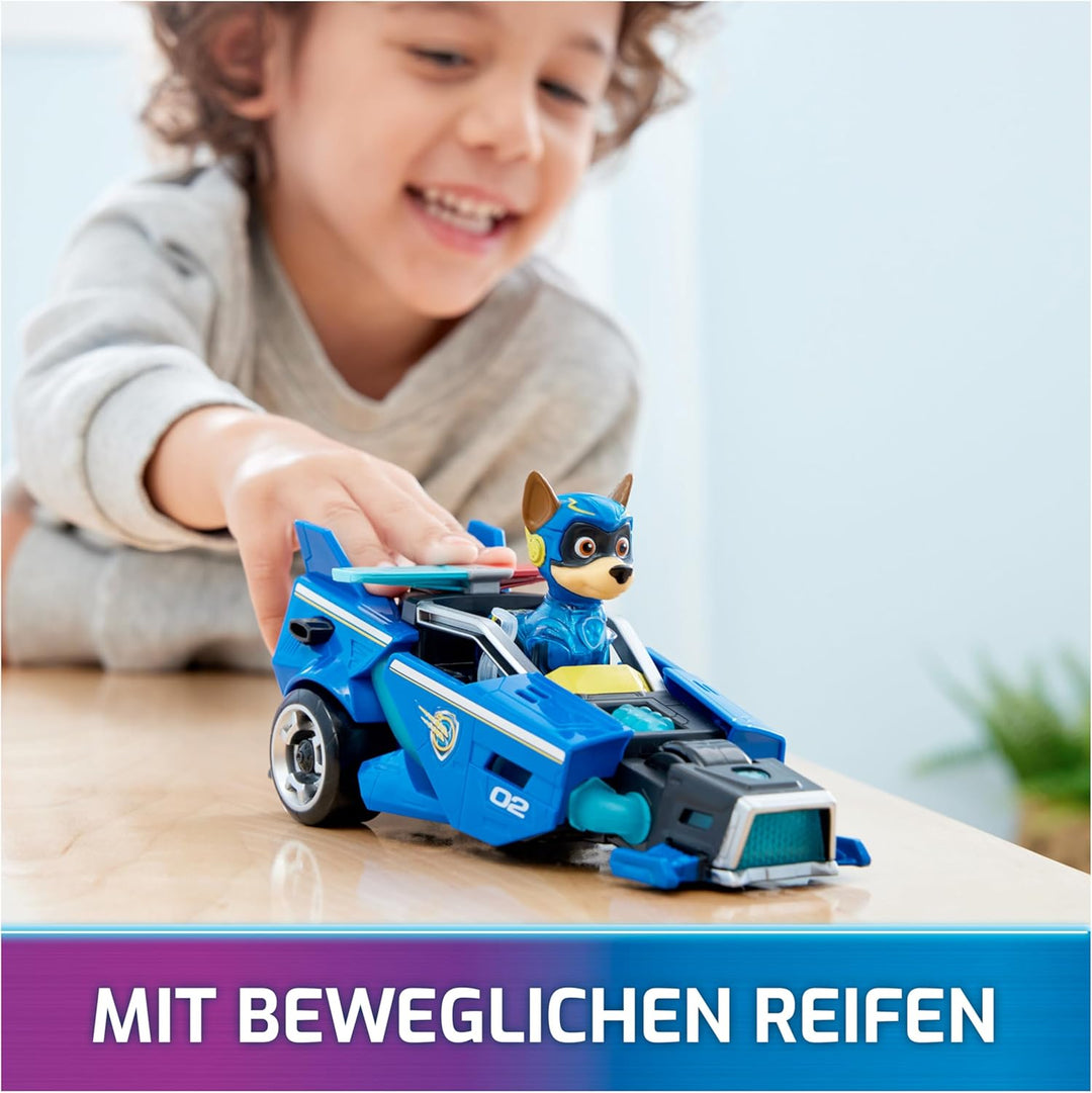 PAW PATROL: Der Mighty Kinofilm, Superhelden-Fahrzeug Spielzeugauto von Chase mit Welpenfigur, Poliz
