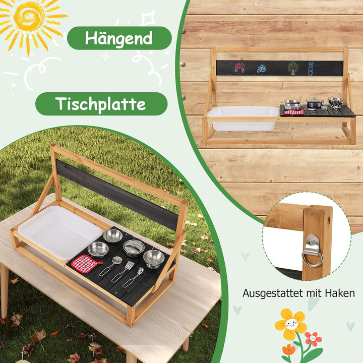 COSTWAY Matschküche Kinder Outdoor, Kinderküche Tannenholz mit Zubehör, Spielküche mit hängenden Hak