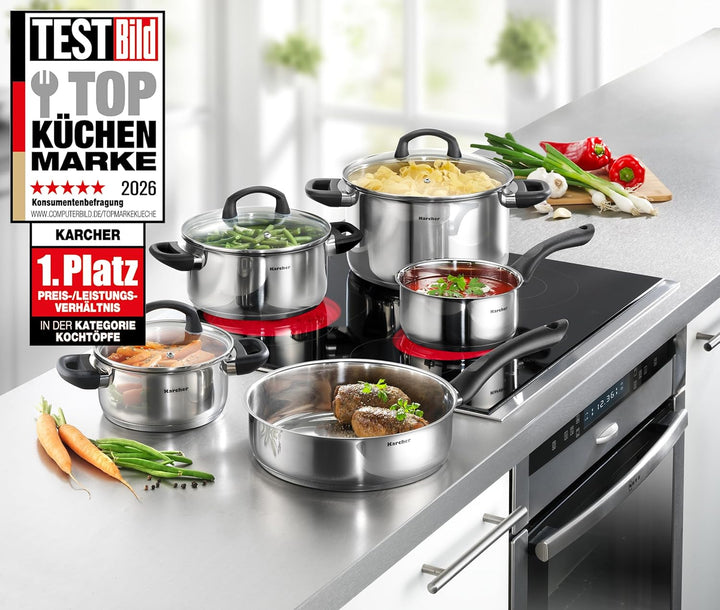 Karcher Topfset Mia aus Edelstahl, Kochgeschirr Induktion-Kochtopf-Set, Töpfe mit Glasdeckel/Pfanne/