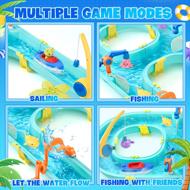 Wasserspielzeug mit Wasserbahn, 58 Teile Wasserbahn Kinder Draussen - Wassertisch Kinder mit Booten,