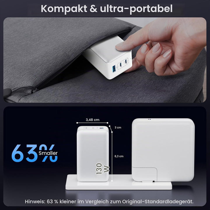 130W USB C Ladegerät, 3-Port GaN IV USB C Netzteil Laptop Ladegerät, 65W PD/PPS/QC Schnellladegerät